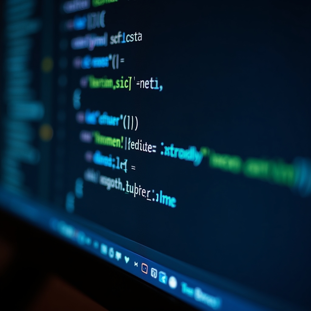 Ekran z edytorem kodu wyświetlającym prosty skrypt JavaScript, zbliżenie na monitor